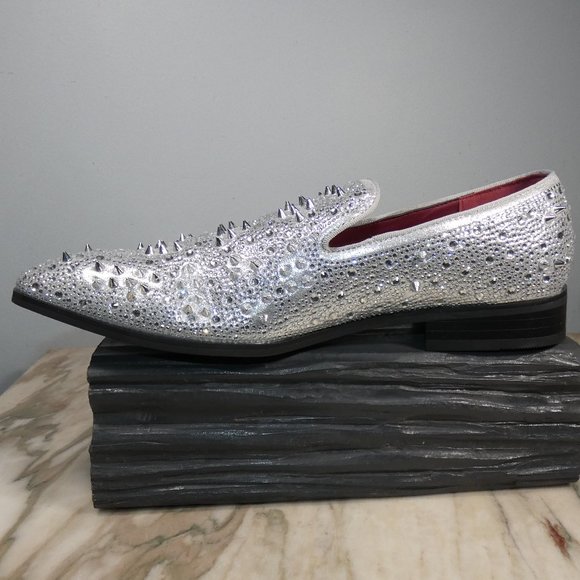NICE! Stylish Formal Enzo Romeo Men Rhinestones Spikey Studs Loafers Silver 9 main image 10